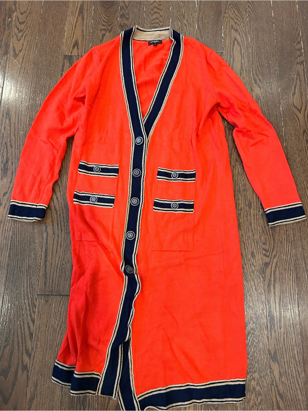 Chanel Long Red Knit Coatigan with Navy & Cream Trim